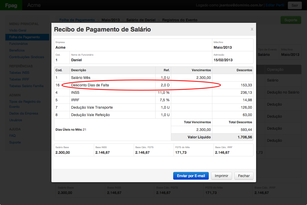 Pronto! O registro do evento será listado no recibo do funcionário